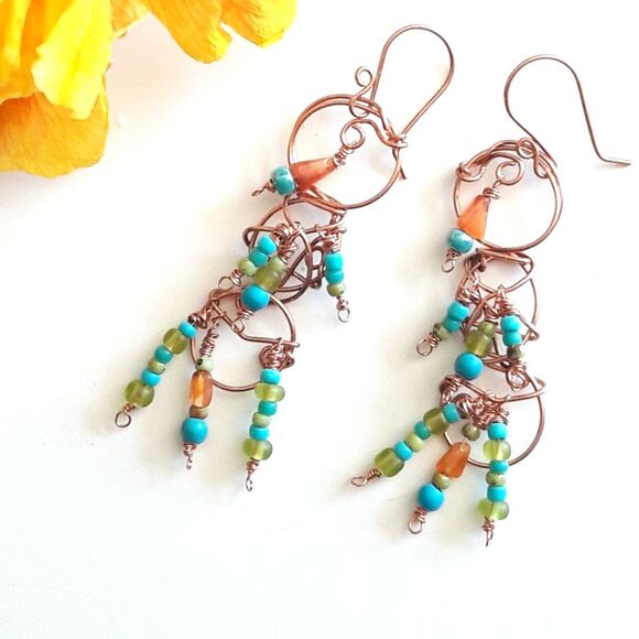 artisan earrings 624#mfs Tribal Fringe of tiny Carnelian triangles and blue gree - Picture 2 of 4